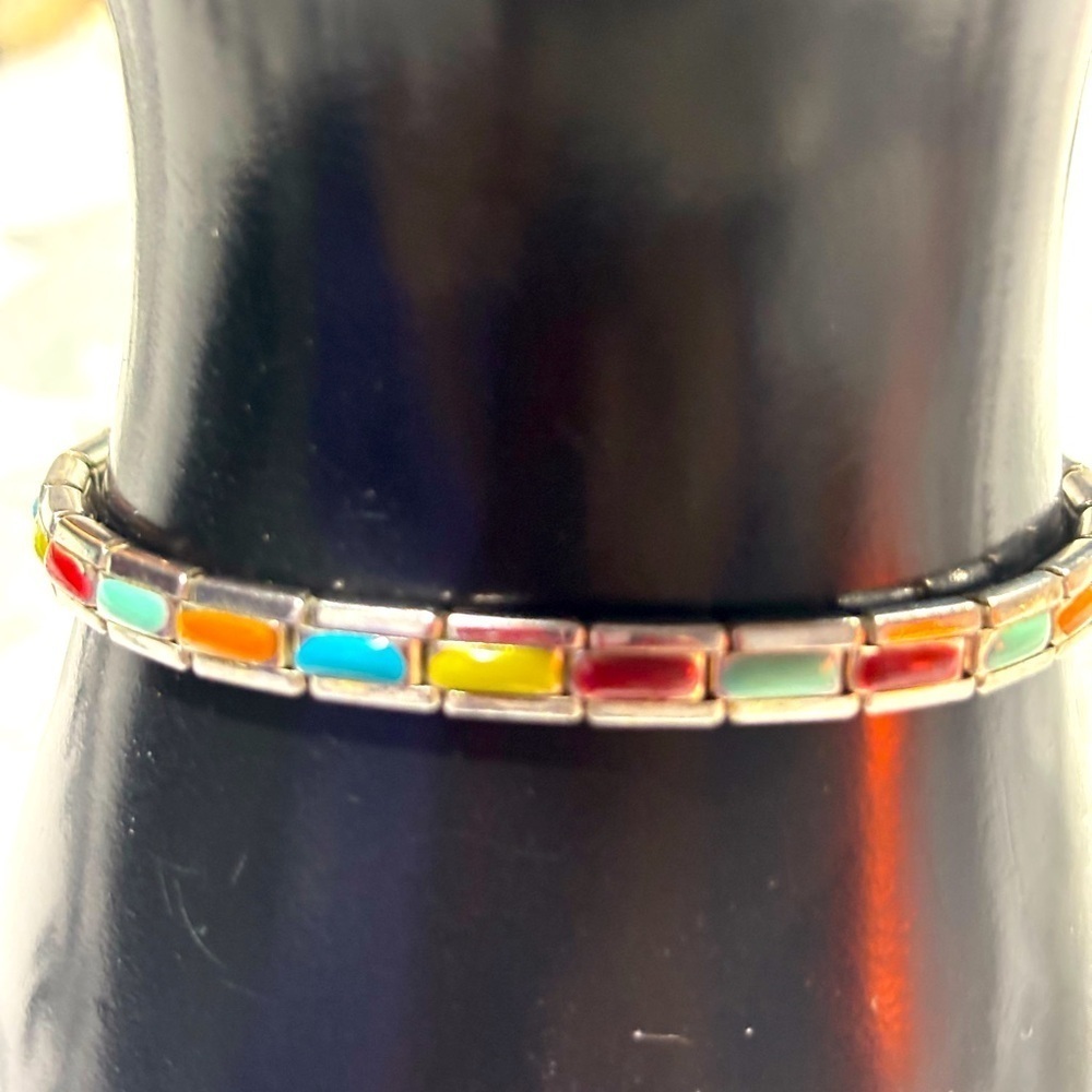 Retro Native Style Multi Color Tile Beads on Silver Tone Metal Stretch Bracelet
